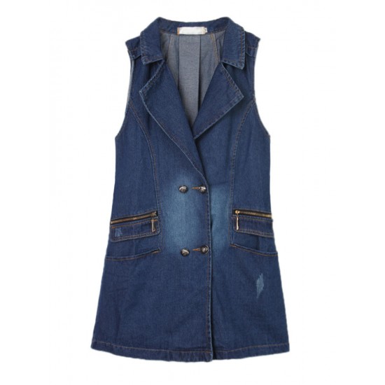 Casual Women Double-Breasted Denim Sleeveless Long Vest Waistcoat