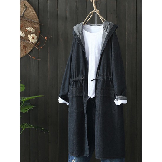 Casual Women Drawstring Long Sleeve Hooded Denim Coats with Pockets