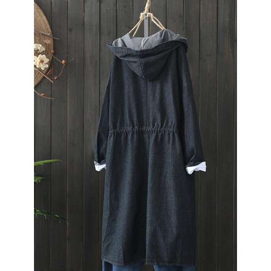 Casual Women Drawstring Long Sleeve Hooded Denim Coats with Pockets