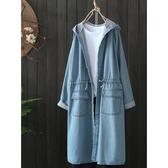 Casual Women Drawstring Long Sleeve Hooded Denim Coats with Pockets