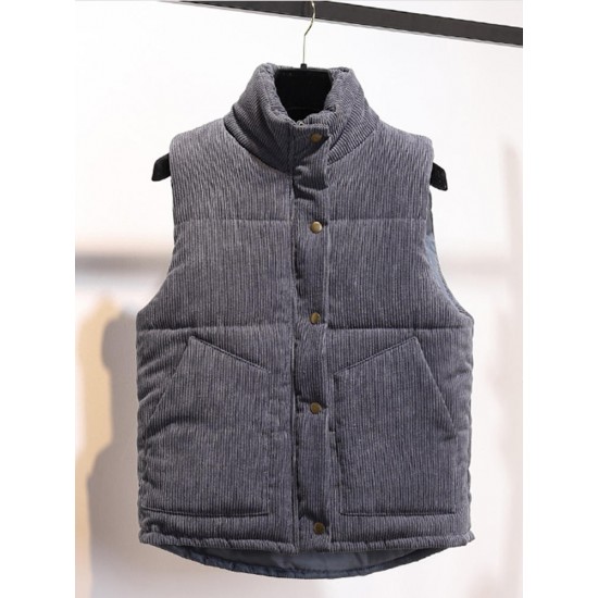 Women Corduroy Winter Loose Button Zipper Thick Warm Vintage Sleeveless Vest