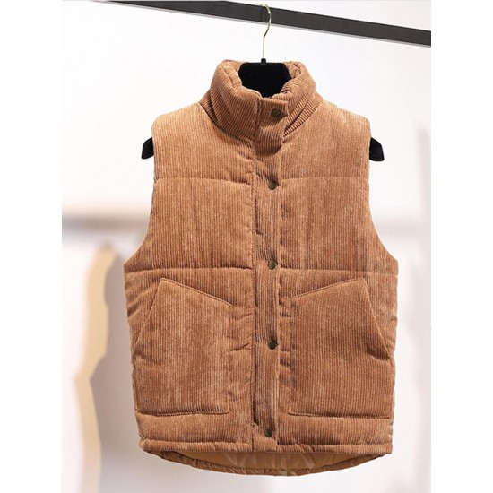 Women Corduroy Winter Loose Button Zipper Thick Warm Vintage Sleeveless Vest