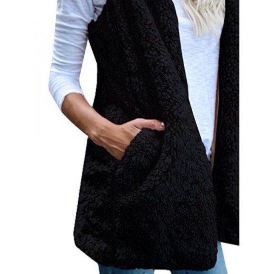 Women Pure Color Sleeveless Hooded Pockets Baggy Cardigans