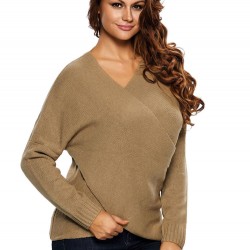 Casual Knit Cross Wrap Long Sleeve V-neck Loose Women Sweater