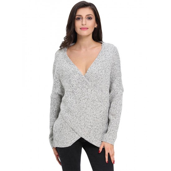 Casual Knit Cross Wrap Long Sleeve V-neck Loose Women Sweater