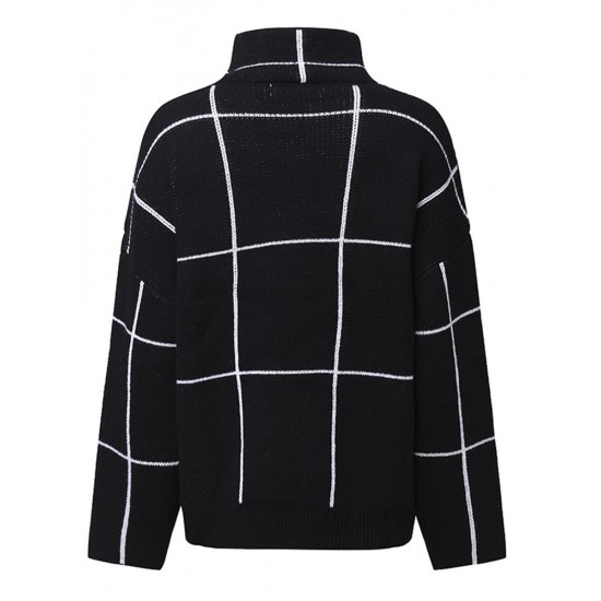 Casual Loose Women Checkered Turtleneck Long Sleeve Knit Sweater