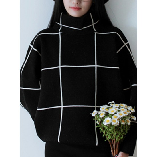 Casual Loose Women Checkered Turtleneck Long Sleeve Knit Sweater