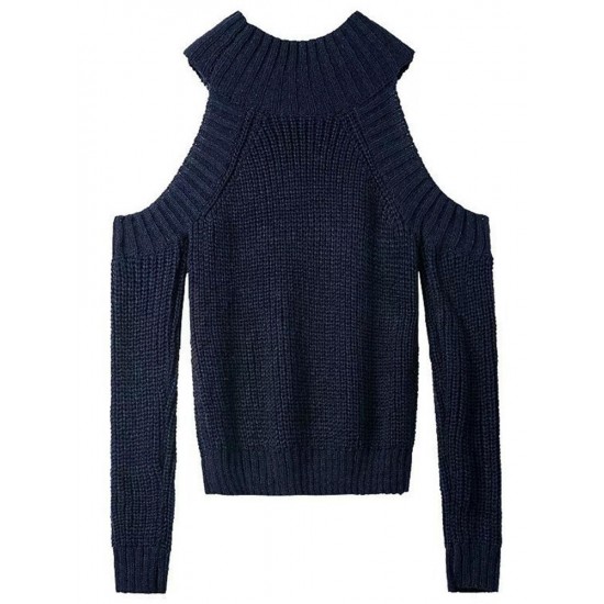 Casual Off Shoulder Solid Turtleneck Slim Sweater