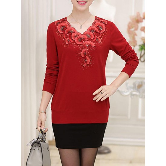 Casual V-Neck Printing Long Sleeve Slim Elegant Pullover Sweater