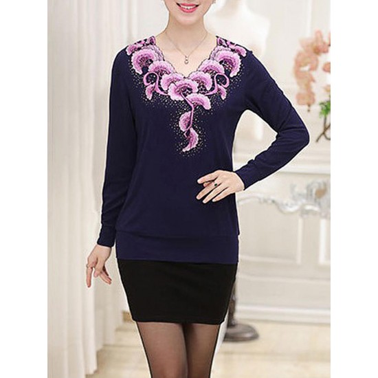 Casual V-Neck Printing Long Sleeve Slim Elegant Pullover Sweater