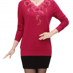 Casual V-Neck Printing Long Sleeve Slim Elegant Pullover Sweater