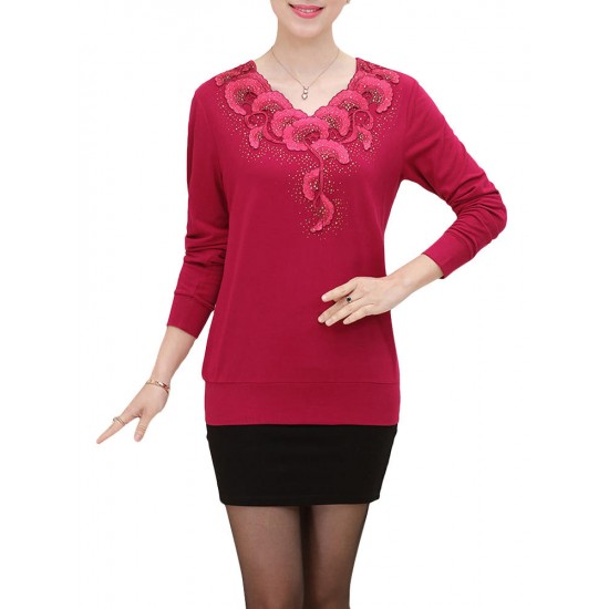 Casual V-Neck Printing Long Sleeve Slim Elegant Pullover Sweater