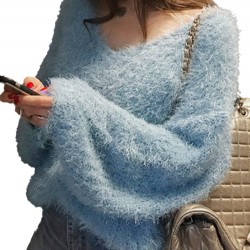 Casual Women Autumn Winter Loose Pure Color V-Neck Sweaters