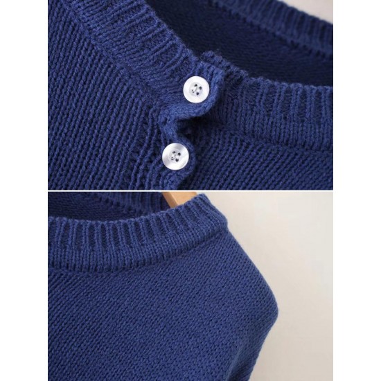 Casual Women O-Neck Long Sleeve Pure Color Sweater with Button