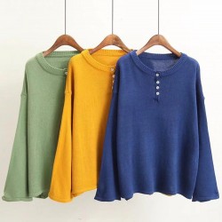 Casual Women O-Neck Long Sleeve Pure Color Sweater with Button