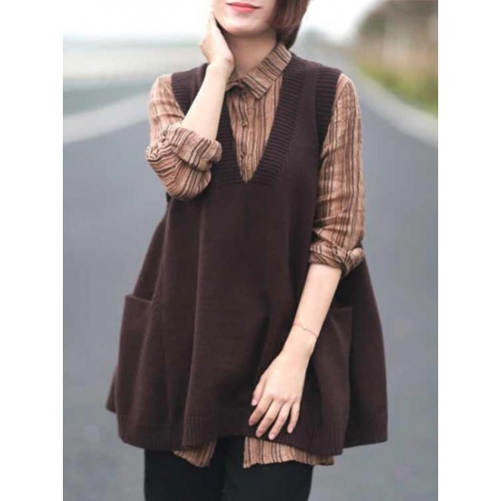 Casual Women Solid Color V-Neck Sleeveless Sweaters with Pockets