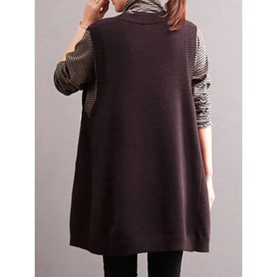Casual Women Solid Color V-Neck Sleeveless Sweaters with Pockets