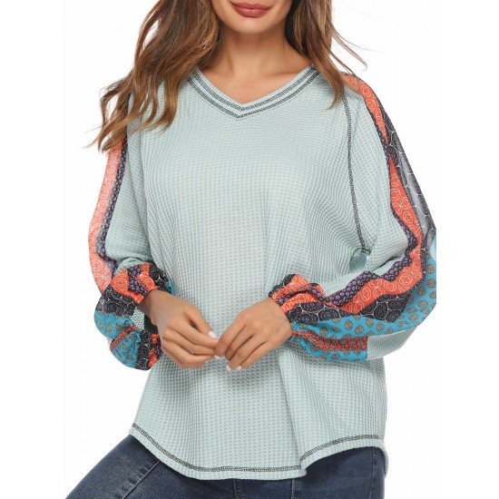 Print Patchwork Lantern Sleeve Loose Casual Knit Sweaters for Women
