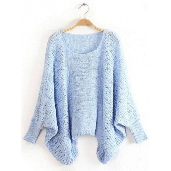 Women Autumn Batwing Sleeve Casual Hollow Knitted Pullover Sweater