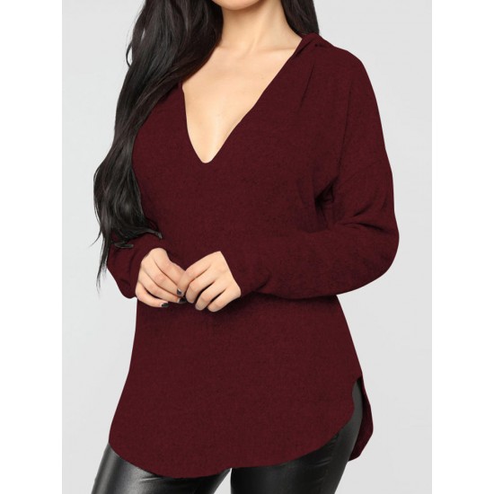 Women Pure Color Hooded Loose Long Sleeve Irregular Sweaters