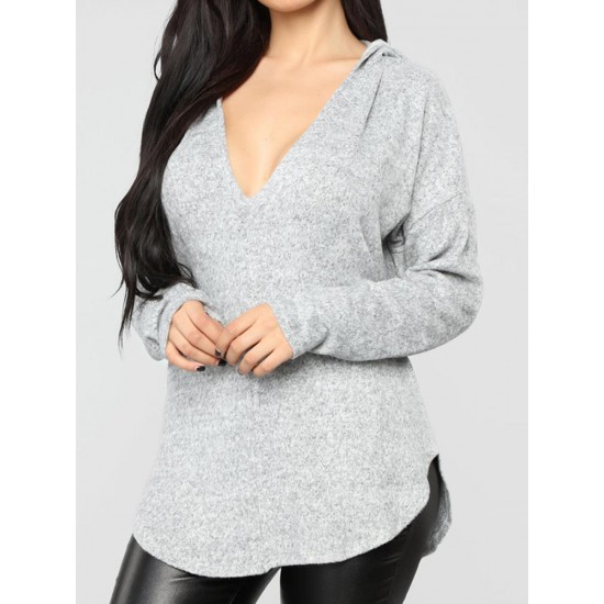 Women Pure Color Hooded Loose Long Sleeve Irregular Sweaters