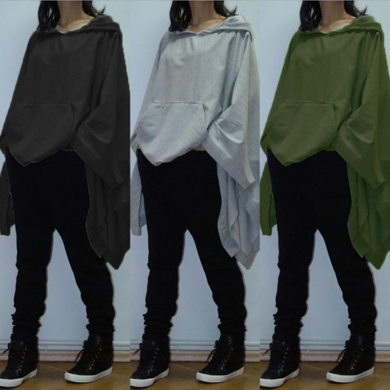 Casual Loose Pullover Tops Pocket Asymmetric Women Hooded Sweatshirts