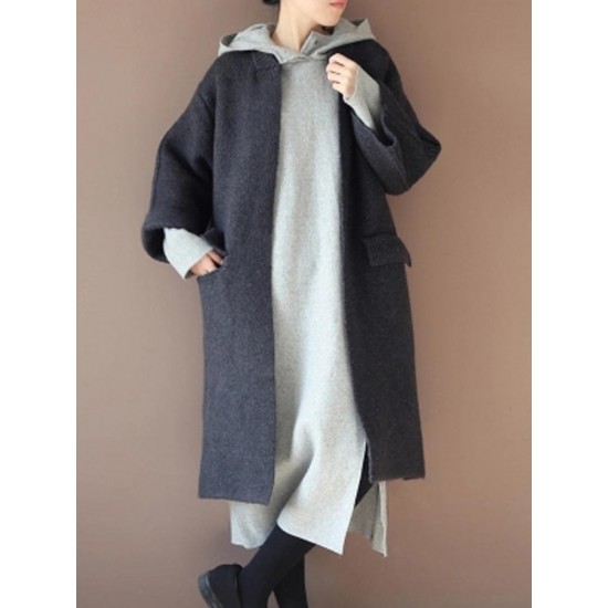 Casual Loose Pure Color Front Split Hooded Women Dresses