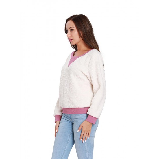 Casual Women Fleece Patchwork Long Sleeve Sweatshirt