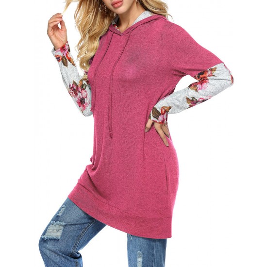 Casual Women Floral Print Patchwork Long Sleeve Hooded Sweatshirt