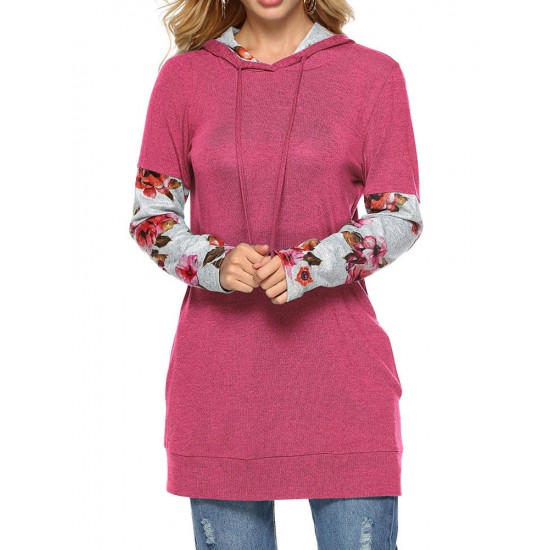 Casual Women Floral Print Patchwork Long Sleeve Hooded Sweatshirt