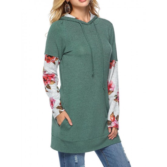 Casual Women Floral Print Patchwork Long Sleeve Hooded Sweatshirt