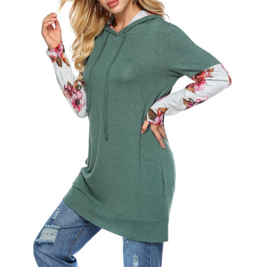 Casual Women Floral Print Patchwork Long Sleeve Hooded Sweatshirt