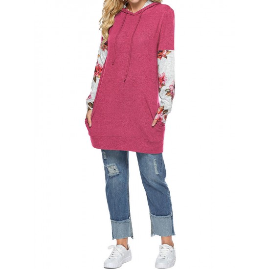 Casual Women Floral Print Patchwork Long Sleeve Hooded Sweatshirt