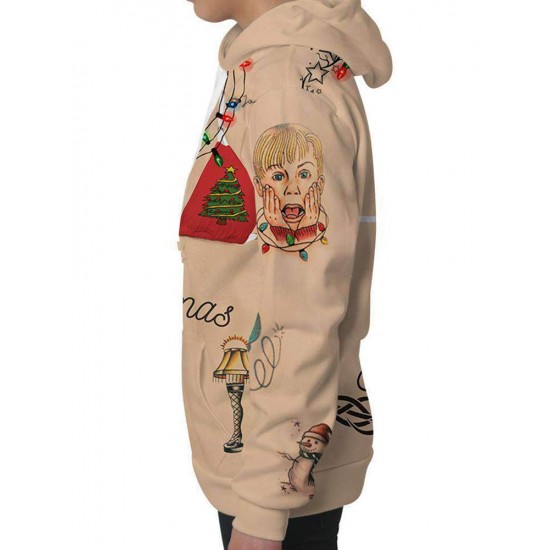 Christmas Cartoon Print Long Sleeve Hooded Sweatshirt with Pocket