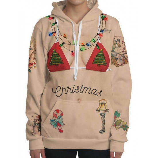 Christmas Cartoon Print Long Sleeve Hooded Sweatshirt with Pocket