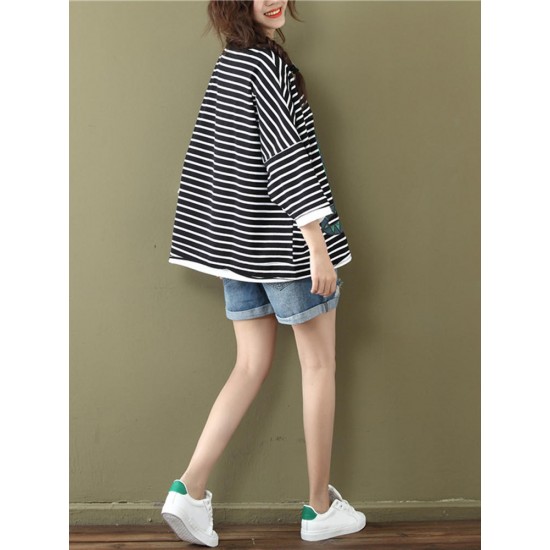 5XL Women Cotton Stripe Three Quarter Sleeve Shirts