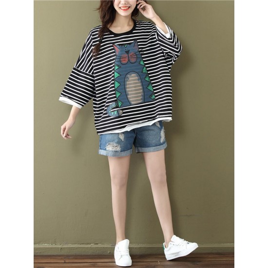 5XL Women Cotton Stripe Three Quarter Sleeve Shirts