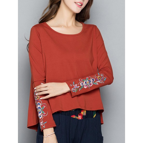 Autumn Women Embroidery Round Neck Long Sleeve T Shirt