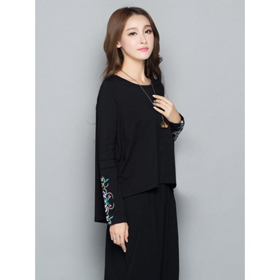 Autumn Women Embroidery Round Neck Long Sleeve T Shirt