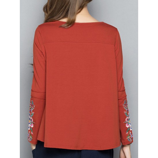 Autumn Women Embroidery Round Neck Long Sleeve T Shirt