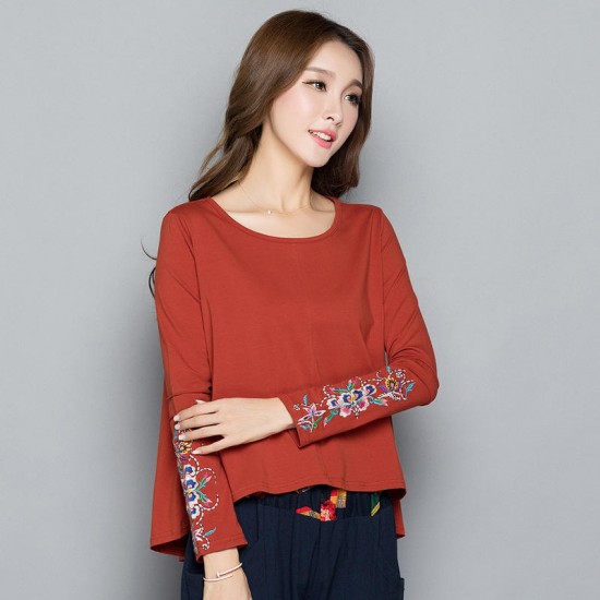 Autumn Women Embroidery Round Neck Long Sleeve T Shirt