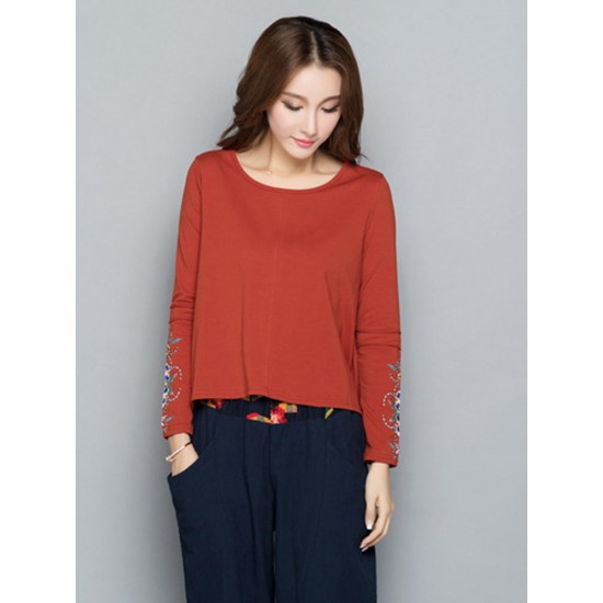 Autumn Women Embroidery Round Neck Long Sleeve T Shirt