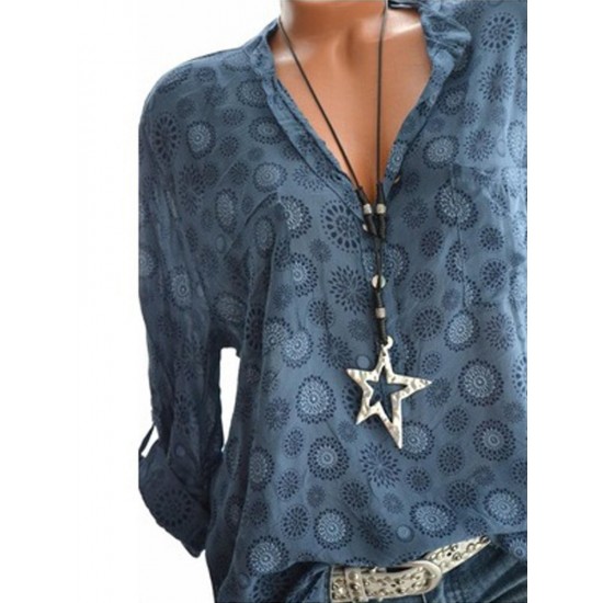 Bohemian Long Sleeve Floral Print V-neck Blouse