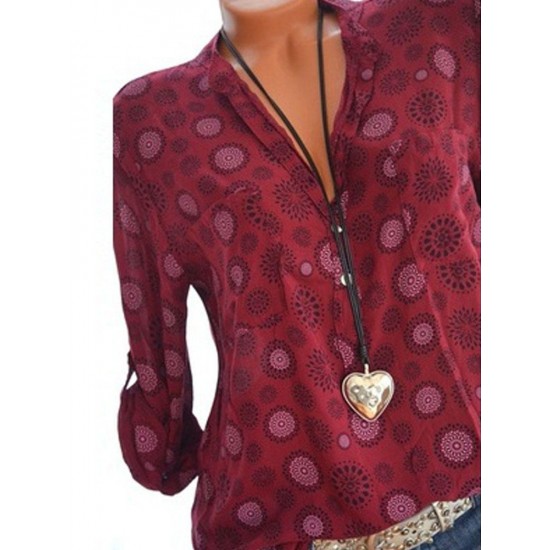 Bohemian Long Sleeve Floral Print V-neck Blouse