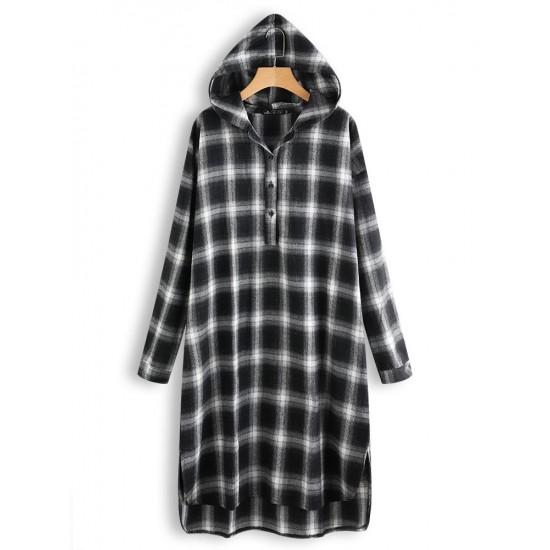 Casual Grid Long Sleeve Split Hem Hooded Shirt Dress For Women