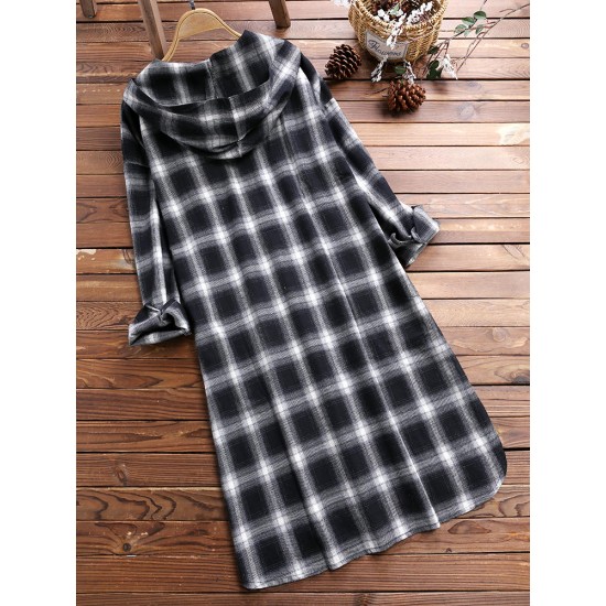 Casual Grid Long Sleeve Split Hem Hooded Shirt Dress For Women