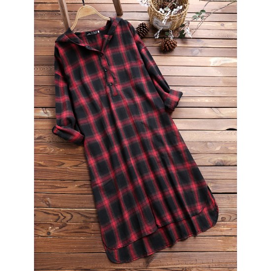 Casual Grid Long Sleeve Split Hem Hooded Shirt Dress For Women