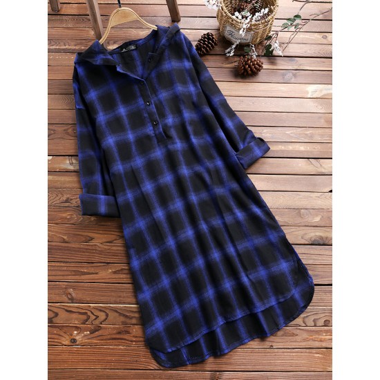 Casual Grid Long Sleeve Split Hem Hooded Shirt Dress For Women