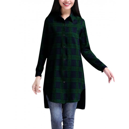 Casual Lady Plaid Print Asymmetrical Long Sleeve Shirt Casual Lady Plaid Print Asymmetrical Long Sleeve Shirt