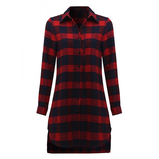 Casual Lady Plaid Print Asymmetrical Long Sleeve Shirt Casual Lady Plaid Print Asymmetrical Long Sleeve Shirt